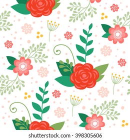 Vector Floral Pattern with Flowers and Leaves. Colorful Spring Floral Background.