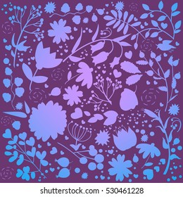 Vector floral pattern with flowers and leaves in blue and violet colors