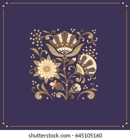 Vector floral pattern with flowers and leaves on a dark blue background. Greeting card, ornamental design.