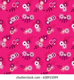 Vector floral pattern with flowers and leaves. Pink romantic background.