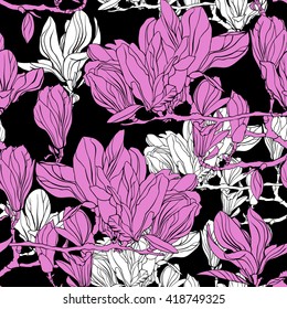 Vector floral pattern with flowers magnolia. Blossom branches on flowers.