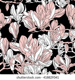 Vector floral pattern with flowers magnolia. Blossom branches on flowers.