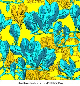 Vector floral pattern with flowers magnolia. Blossom branches on flowers.
