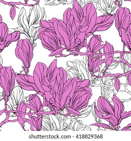 Vector floral pattern with flowers magnolia. Blossom branches on flowers.