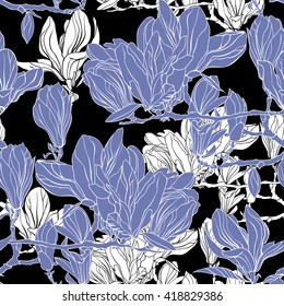 Vector floral pattern with flowers magnolia. Blossom branches on flowers.