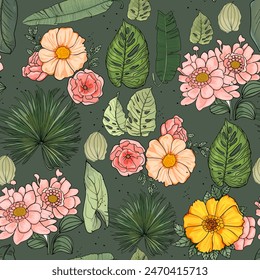 Patrón floral de Vector. Flores sobre un fondo de color. Patrón de abstracción para la impresión en papel, postales, ropa de bebé, cama