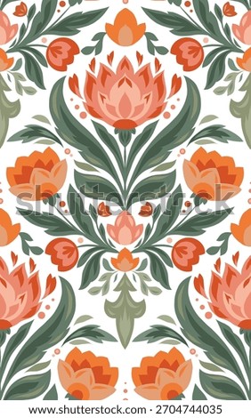 Vector floral pattern with folk style flowers on white background. Decorative seamless texture with stylized flowers and leaves for fabric, wallpaper, wrapping paper, and home decor