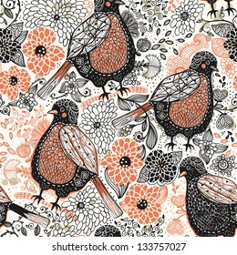 vector floral pattern with funny birds and abstract flowers