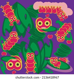 Vector floral pattern with funny cartoon red worms eating leaves on a purple background.