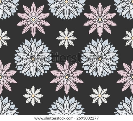 Vector floral pattern with geometric symmetry and pastel pink and blue flowers on a dark background. Stylish decorative design for fabric, wrapping paper, wallpapers, or digital backgrounds.