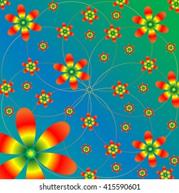 Vector floral pattern with a gold mesh on blue green background 