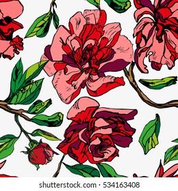 Vector floral pattern graphic ornament flowers on a geometric. Hand painting peony colorful blossom background.