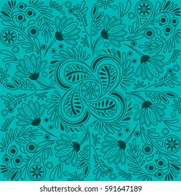 Vector floral pattern in green and blue tones. Vector illustration.