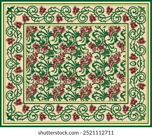 Vector floral pattern in green and pink, bordered by vine-like designs. Ideal for use in textiles, rugs, tapestries, or wallpapers, this ornamental design evokes classic carpet or vintage decor styles