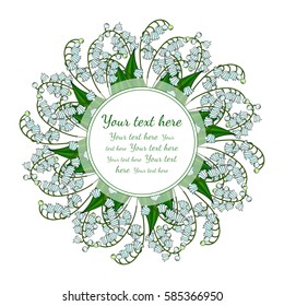 Vector floral pattern. Greeting round sticker Lily of the valley. Pattern for the decoration of greetings.