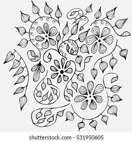 Vector floral pattern. Hand drawn background with leaves and flowers.