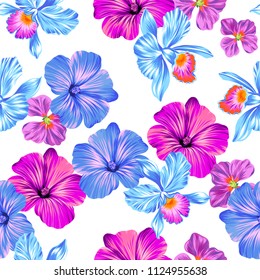 vector floral pattern with hibiscus and orchids. colorful blossom, allover layout, on white background. 