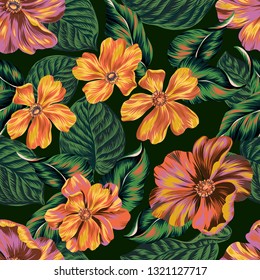 Vector floral pattern. High summer, autumn colors. Strong green, yellow, ochre hues. Seamless floral design.