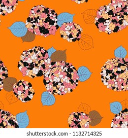 Vector floral pattern with Hortensia flower on orange background. Seamless vector pattern in fall autumn color. Autumn floral background in vintage style. Bold print with hand drawn leaves and flowers