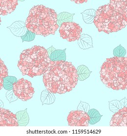 Vector floral pattern with Hortensia flower on blue background. Seamless vector pattern in spring color. Spring hand drawn background in vintage style. Bold print with hand drawn leaves and flowers