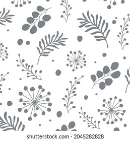 Patrón vectorial floral con hojas y flores dibujo de elementos de silueta aislados botánicos.Color blanco gris.Papel textil de papel tapizado impreso de textura. Decoración. DIY. Recorte láser en papel.Corte