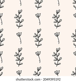 Vector floral pattern with leaves. Gentle beige and black simple floral background.