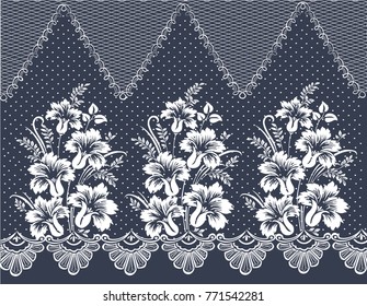 Vector floral pattern with mesh and dots. Bouquet on a background of tulle under the lace. Patterned border