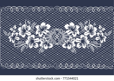 Vector floral pattern with mesh and dots. Bouquet on a background of tulle under the lace. Patterned border