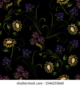 Vector floral pattern on a black background small flowers. Yellow, blue, pink decorative flowers for the design of fabric, textile.