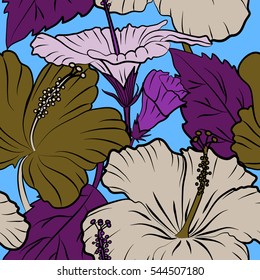 Vector floral pattern on blue background for wedding invitations, scrapbooking, print, manufacturing fabric and textile. Elegant multicolored with abstract flowers, leaves and buds.