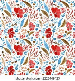 Vector floral pattern on a transparent background. Red, blue and brown elements. Fantasy flowers, twigs, leaves.