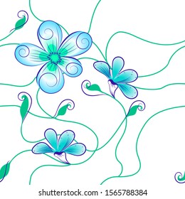 Vector floral pattern on a white background interwoven green stems with leaves and decorative flowers in pastel lilac mint colors, pattern for fabric design.