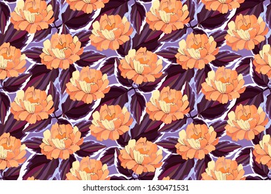 Vector floral pattern. Orange garden flowers, maroon, burgundy, purple leaves isolated on purple background. Peonies pattern for fabric, wallpaper design, textile, banners, card, covers, notebooks.