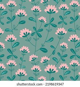 Patrón vectorial floral con flores rosadas, ramas verdes y hojas.