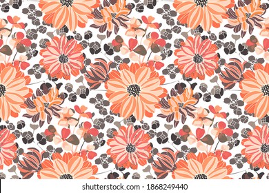 Vector floral pattern. Pink and orange garden flowers isolated on white background. Beautiful chrysanthemums for fabric, wallpaper design, kitchen textile, banners, cards.