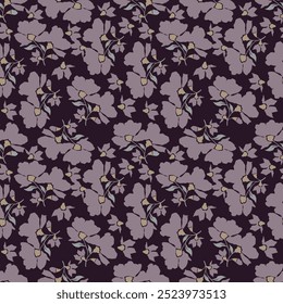 Vector floral pattern. Pink, purple, green garden flowers, branches and leaves isolated on olive background. Beautiful chrysanthemums for fabric, wallpaper design, kitchen textile, banners, cards.