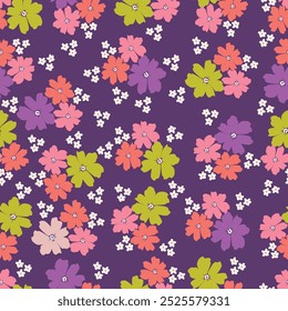 Vector floral pattern. Pink, purple, green garden flowers, branches and leaves isolated on olive background. Beautiful chrysanthemums for fabric, wallpaper design, kitchen textile, banners, cards.