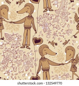 vector floral pattern with with pretty cartoon couple