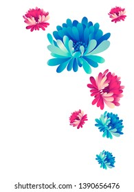 Vector  floral pattern of  red and blue chrysanthemums on white background in Japanese graphic style.