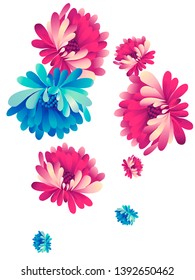 Vector  floral pattern of  red and blue chrysanthemums on white background in Japanese graphic style.