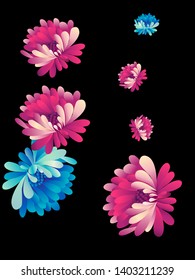 Vector  floral pattern of  red and blue chrysanthemums on transparent background in Japanese raphic style.