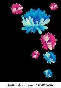 Vector  floral pattern of  red and blue chrysanthemums on transparent background in Japanese raphic style.
