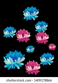 Vector  floral pattern of  red and blue chrysanthemums on transparent background in Japanese raphic style.