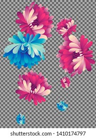 Vector  floral pattern of  red and blue chrysanthemums on white background in Japanese graphic style.