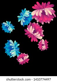 Vector  floral pattern of  red and blue chrysanthemums on white background in Japanese graphic style.