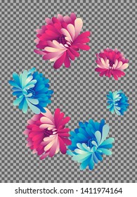 Vector  floral pattern of  red and blue chrysanthemums on white background in Japanese graphic style.