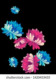 Vector  floral pattern of  red and blue chrysanthemums on white background in Japanese graphic style.