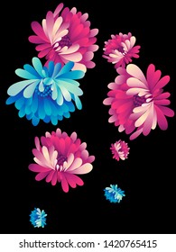Vector  floral pattern of  red and blue chrysanthemums on white background in Japanese graphic style.