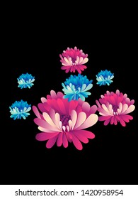 Vector  floral pattern of  red and blue chrysanthemums on white background in Japanese graphic style.