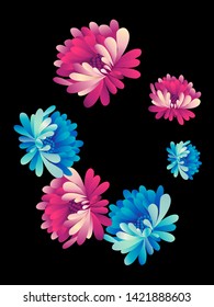 Vector  floral pattern of  red and blue chrysanthemums  in Japanese graphic style.